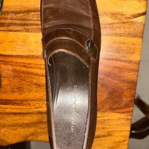 : brown square closed toe; Bandolino brand